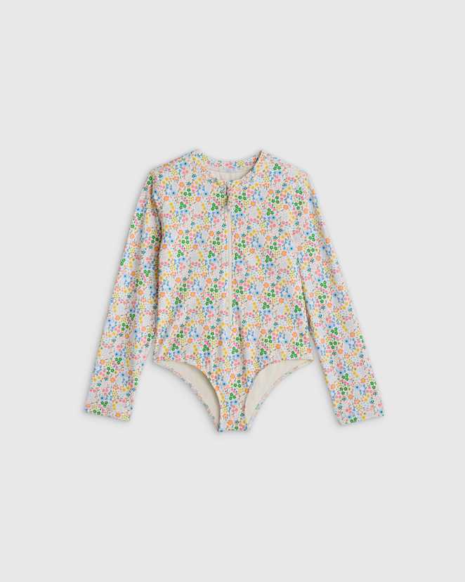 Ditsy Floral Long Sleeve Zip-Up Swimsuit