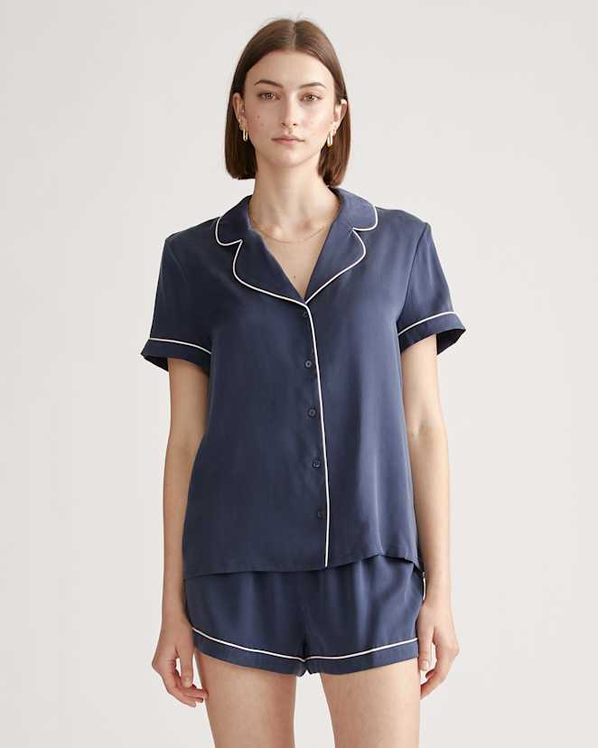 Indigo 100% Washable Silk Pajama Top with Piping