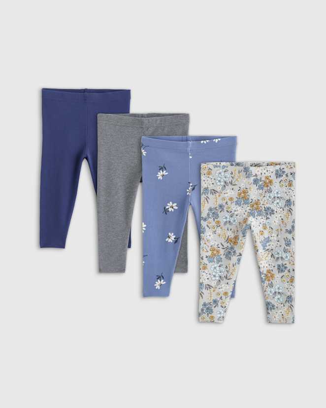 Grey Ditsy Floral/Blue Daisy Organic Cotton Leggings 4-Pack