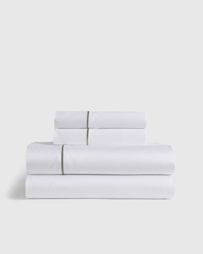 White/Dried Sage Signature Giza Cotton Sateen Embroidered Sheet Set