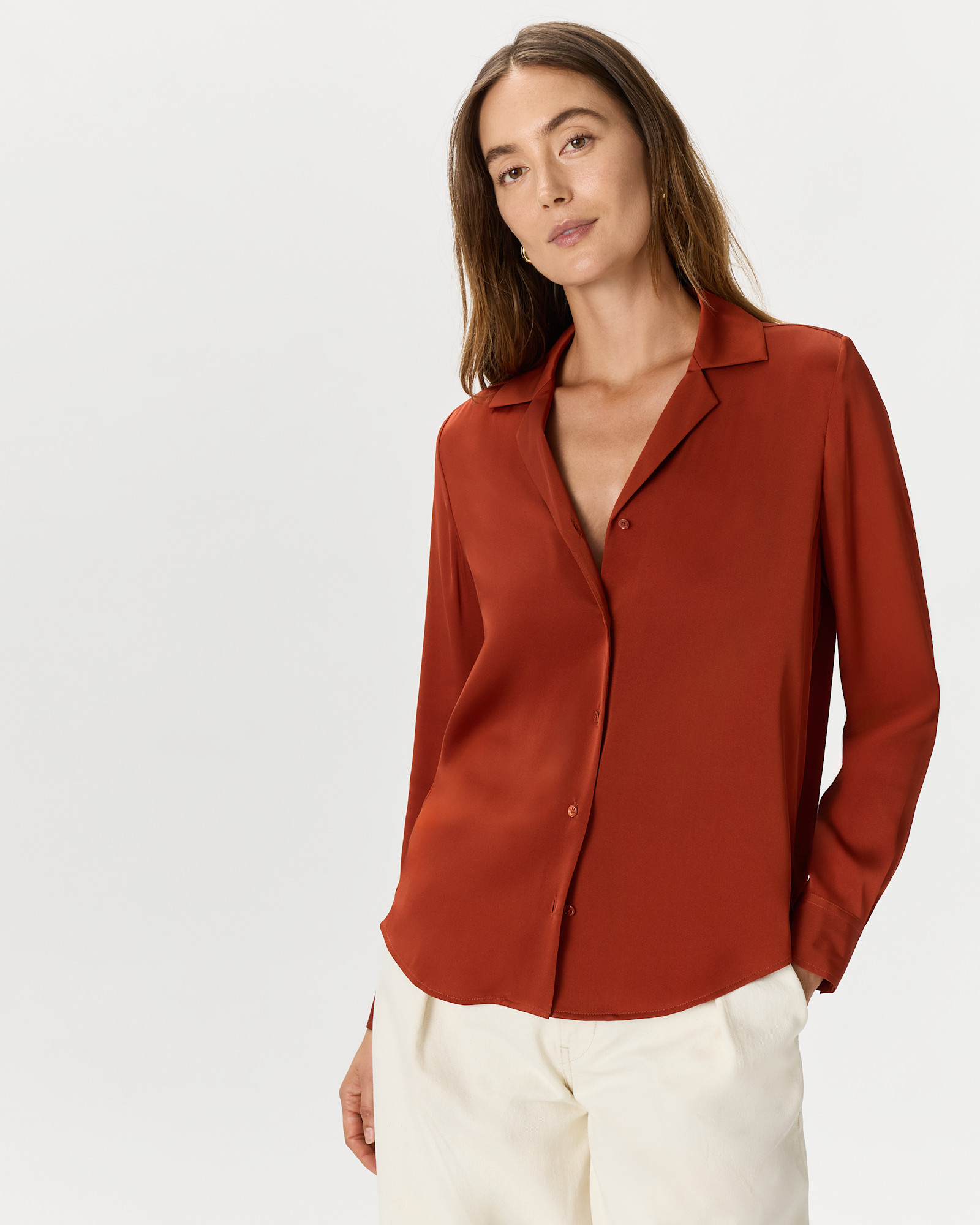 W-BLO-29-PPKRED-01 EDITED Paprika Red Washable Stretch Silk Notch Collar Blouse