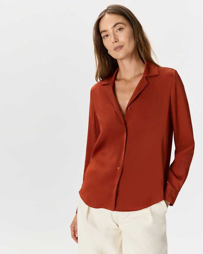 Paprika Red Washable Stretch Silk Notch Collar Blouse