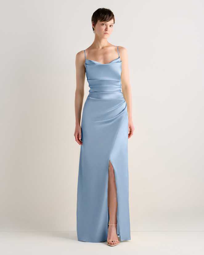 Dusty Steel Blue Juliette Stretch Satin Dress