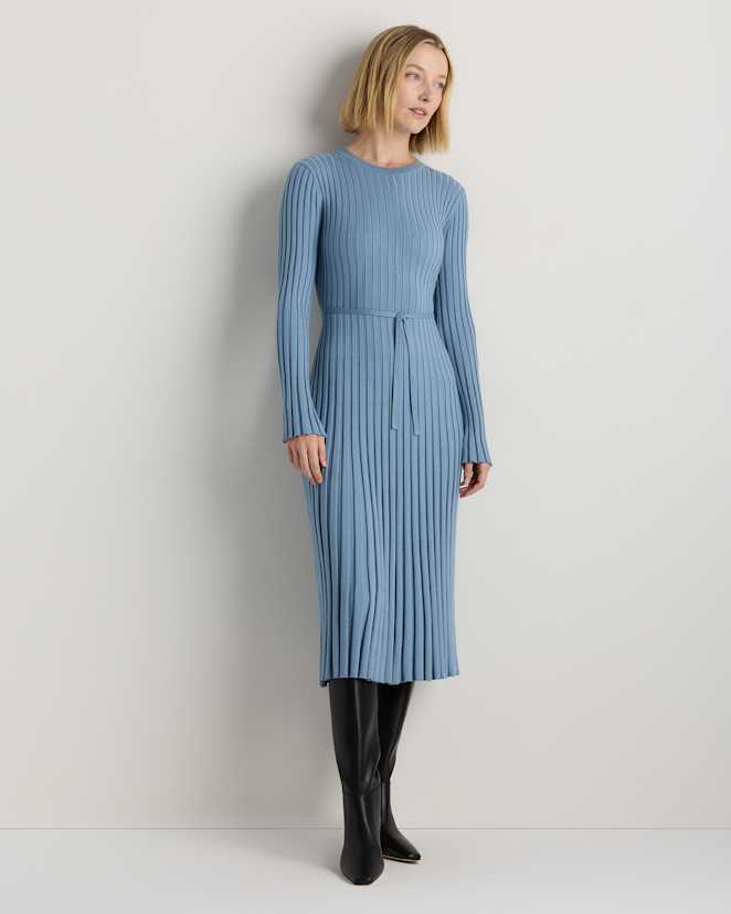 W-DRS-122-MOUSPR-01 EDITED Mountain Spring Blue Cotton Cashmere Ribbed Long Sleeve Crew Midi Dress