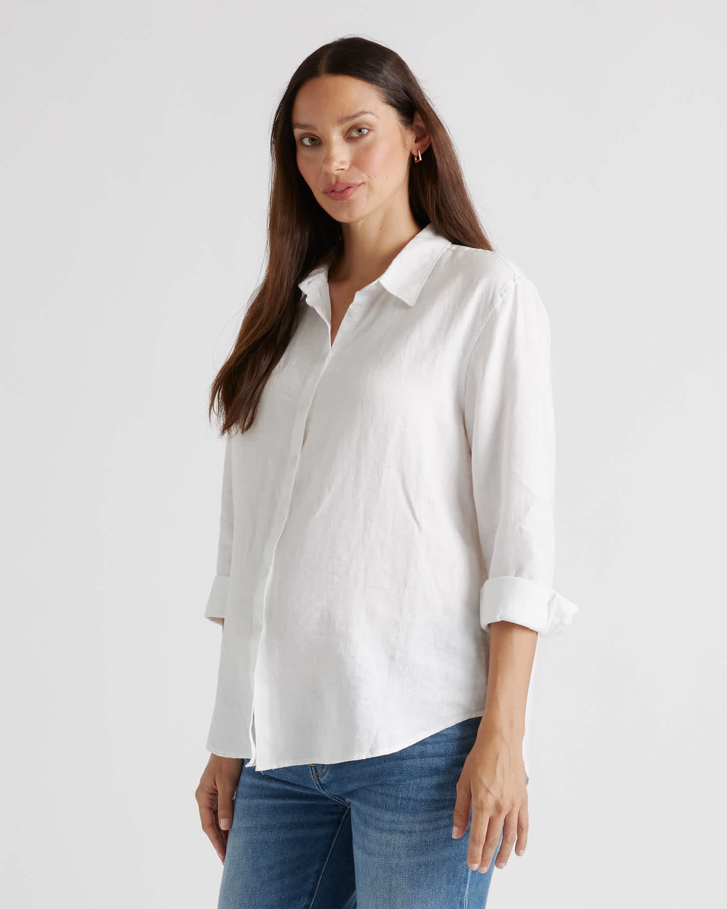 white 100% European Linen Maternity Long Sleeve Shirt