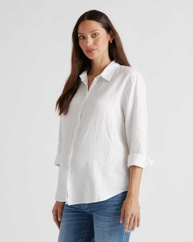 White 100% European Linen Maternity Long Sleeve Shirt