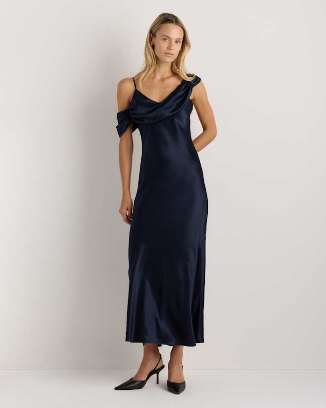 Navy 100% Washable Silk Draped Shoulder Maxi Dress