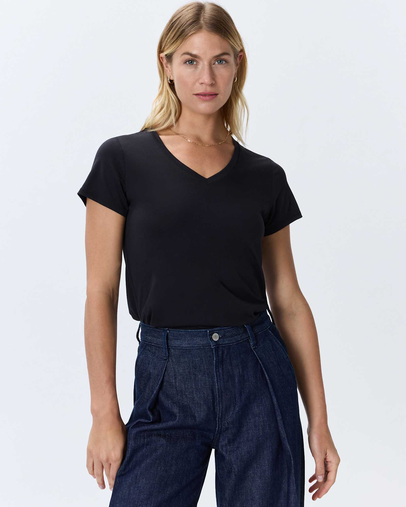 black Cotton Modal V-Neck Tee