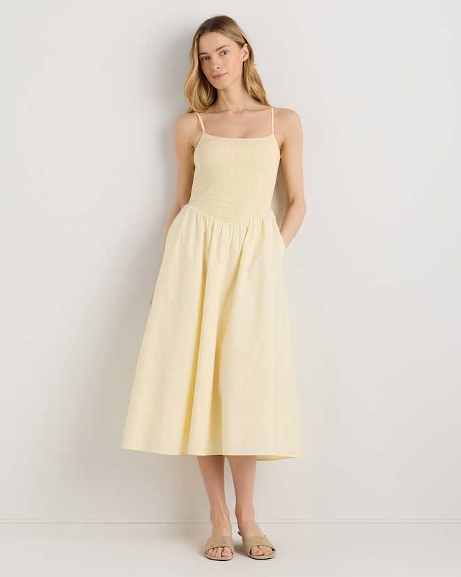 Pale Custard Yellow 100% Organic Cotton Poplin Drop Waist Midi Dress