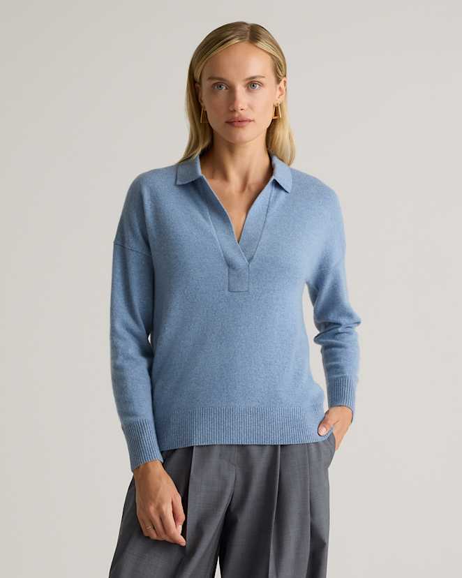 Faded Denim Mongolian Cashmere Polo Sweater