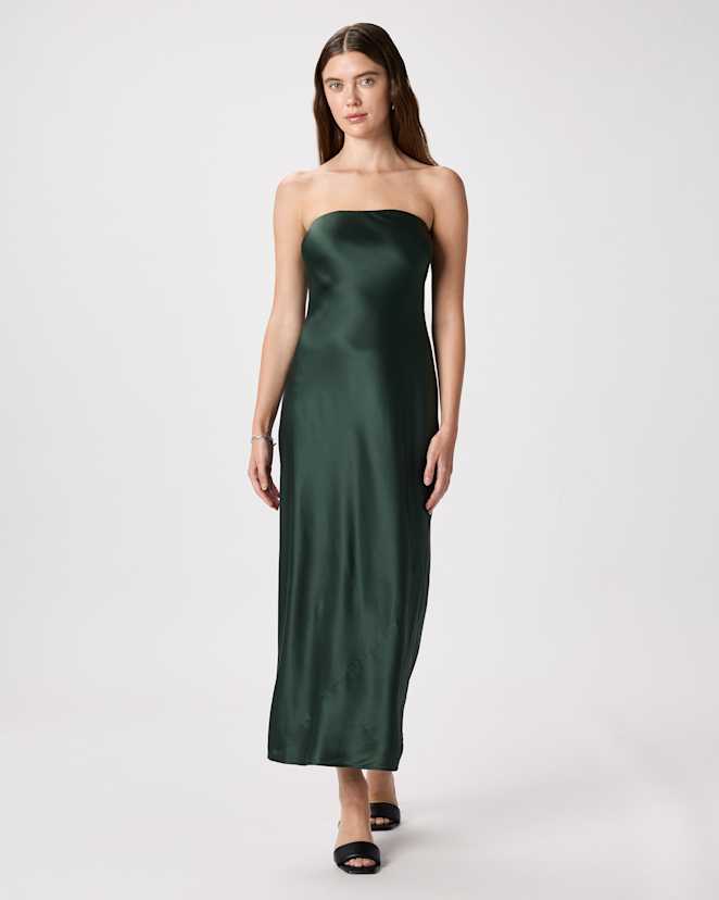 Forest Green 100% Washable Silk Strapless Midi Dress