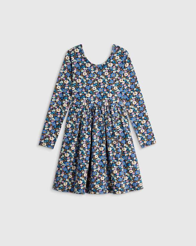 Blue Poppy Floral Robe patineuse à manches longues en coton biologique