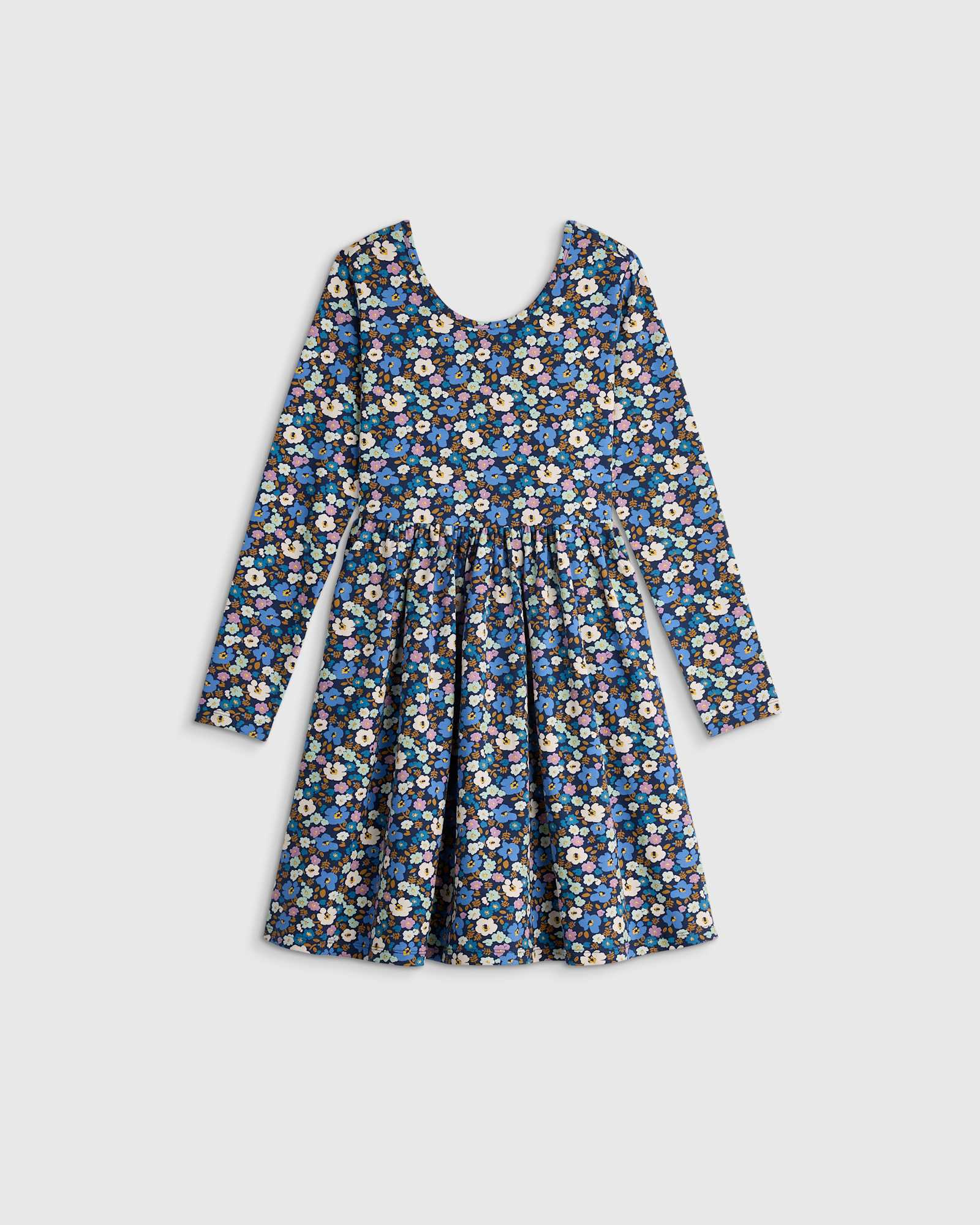 blue-poppy-floral Organic Cotton Long Sleeve Skater Dress