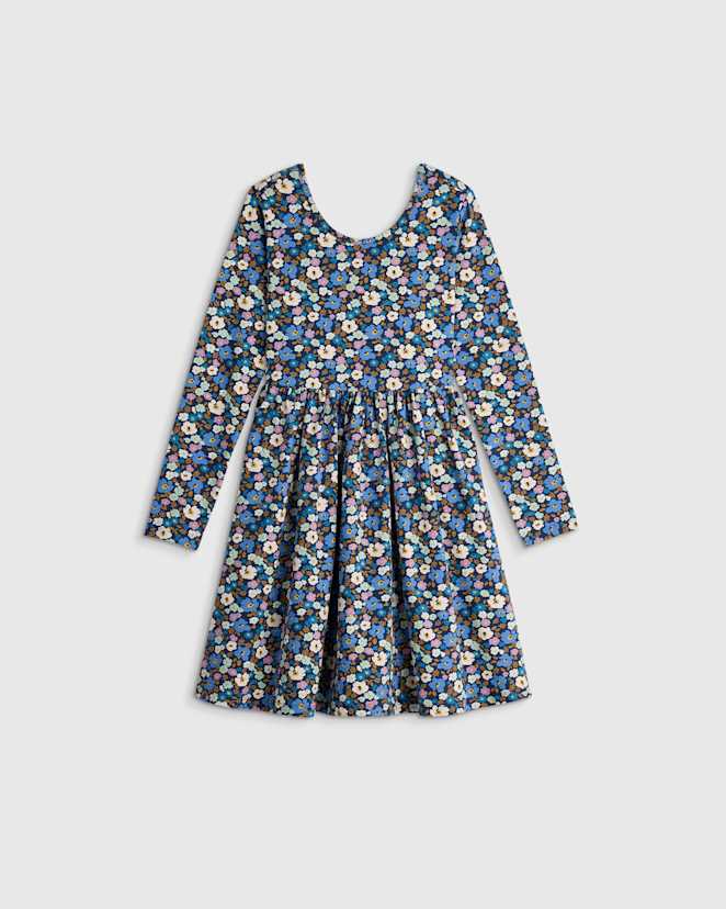 Blue Poppy Floral Organic Cotton Long Sleeve Skater Dress