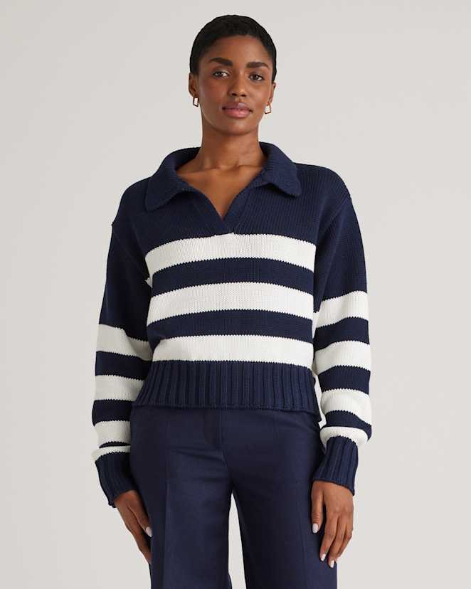 Navy/White 100% Organic Cropped Cotton Polo Sweater
