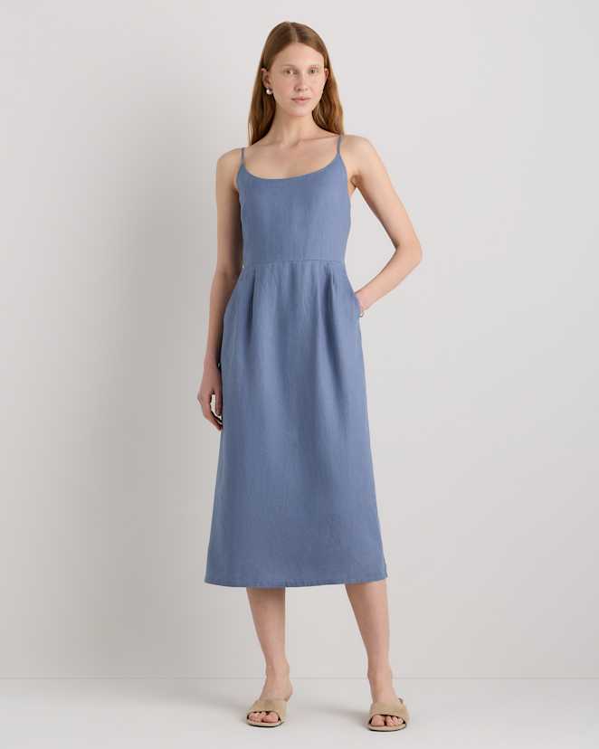 Moonstone Blue 100% European Linen Scoop Neck Midi Dress