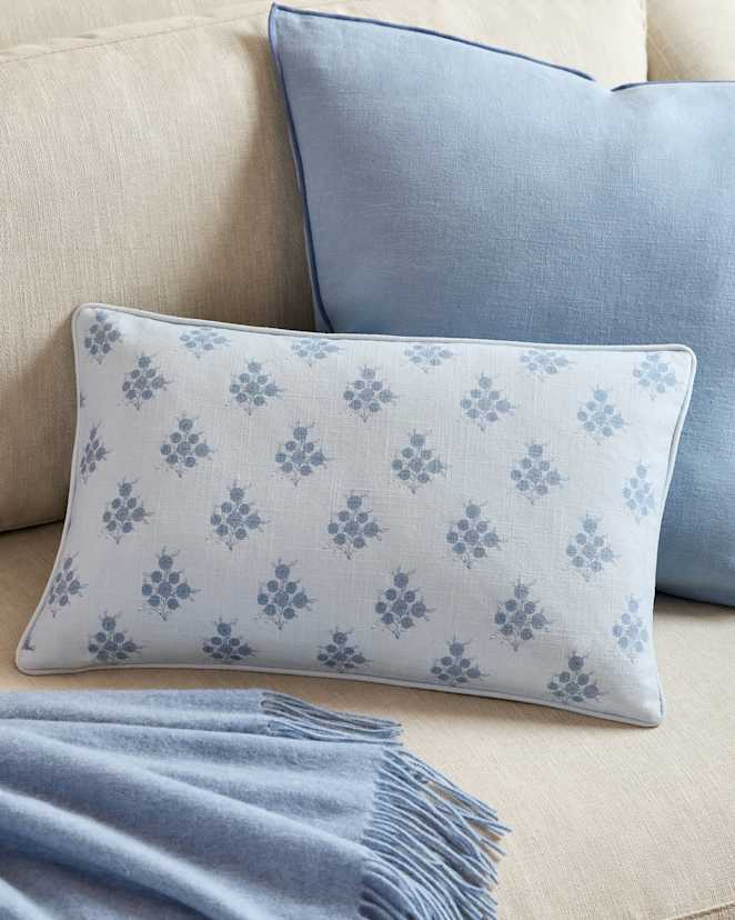 Light Blue Piped Block Print Cotton Pillow Cover