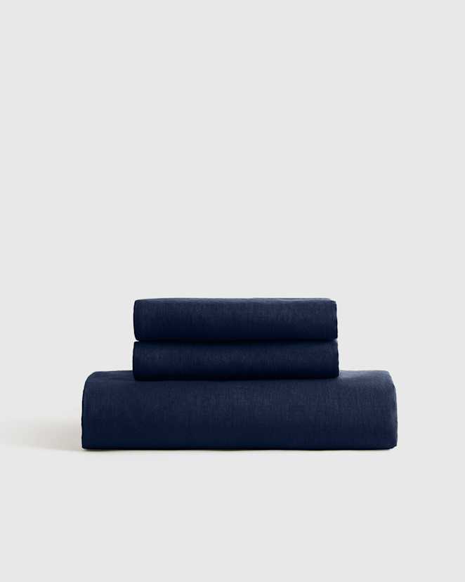 Navy European Linen Fitted Sheet Set
