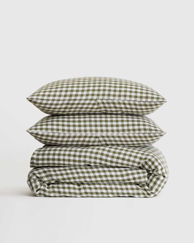 Olive European Linen Gingham Duvet Cover Set