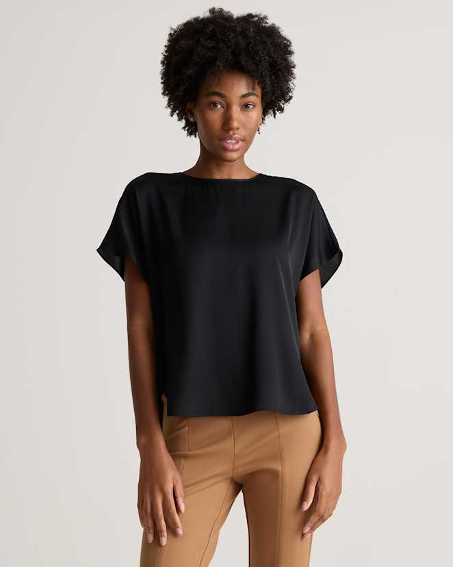 Black Washable Stretch Silk Split Hem Tee