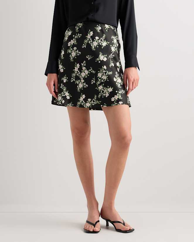 Black Vintage Pink Petite Floral 100% Washable Silk Mini Skirt
