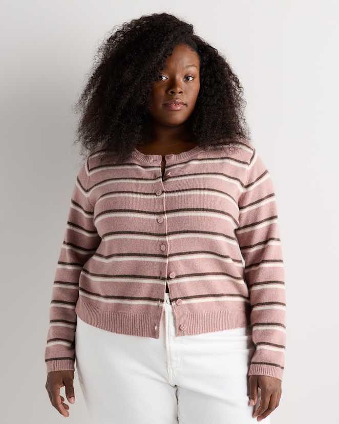 Heather Vintage Pink / Brown Variegated Stripe Mongolian Cashmere Cropped Crew Cardigan