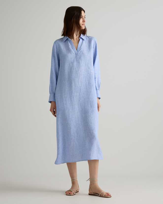 French Blue 100% European Linen Popover Maxi Dress
