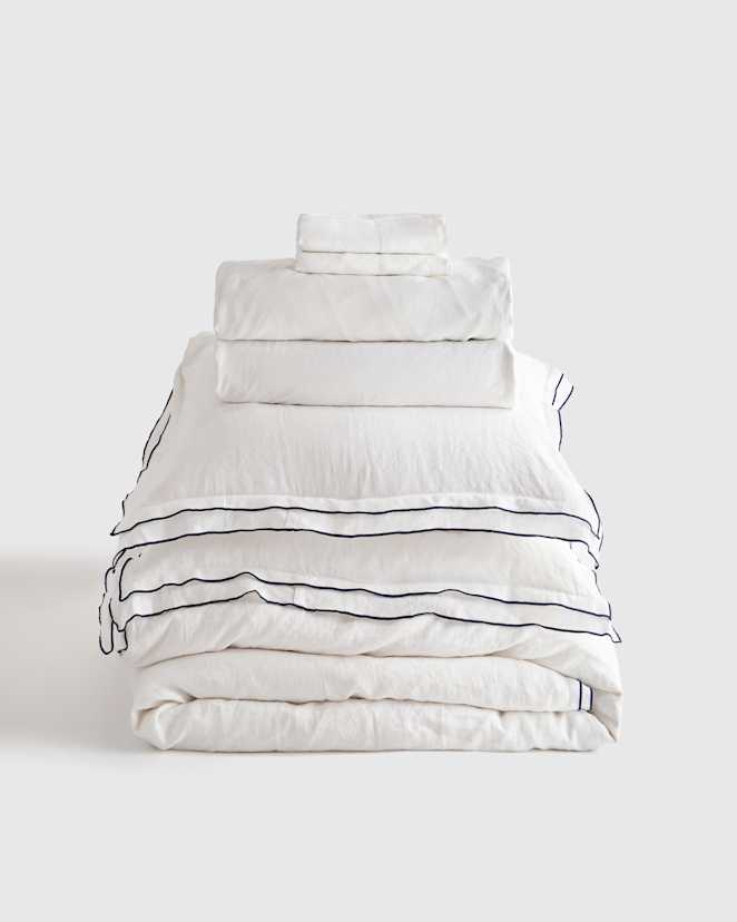 Double Edge Embroidery Navy European Linen Double Edge Embroidery Duvet Deluxe Bundle