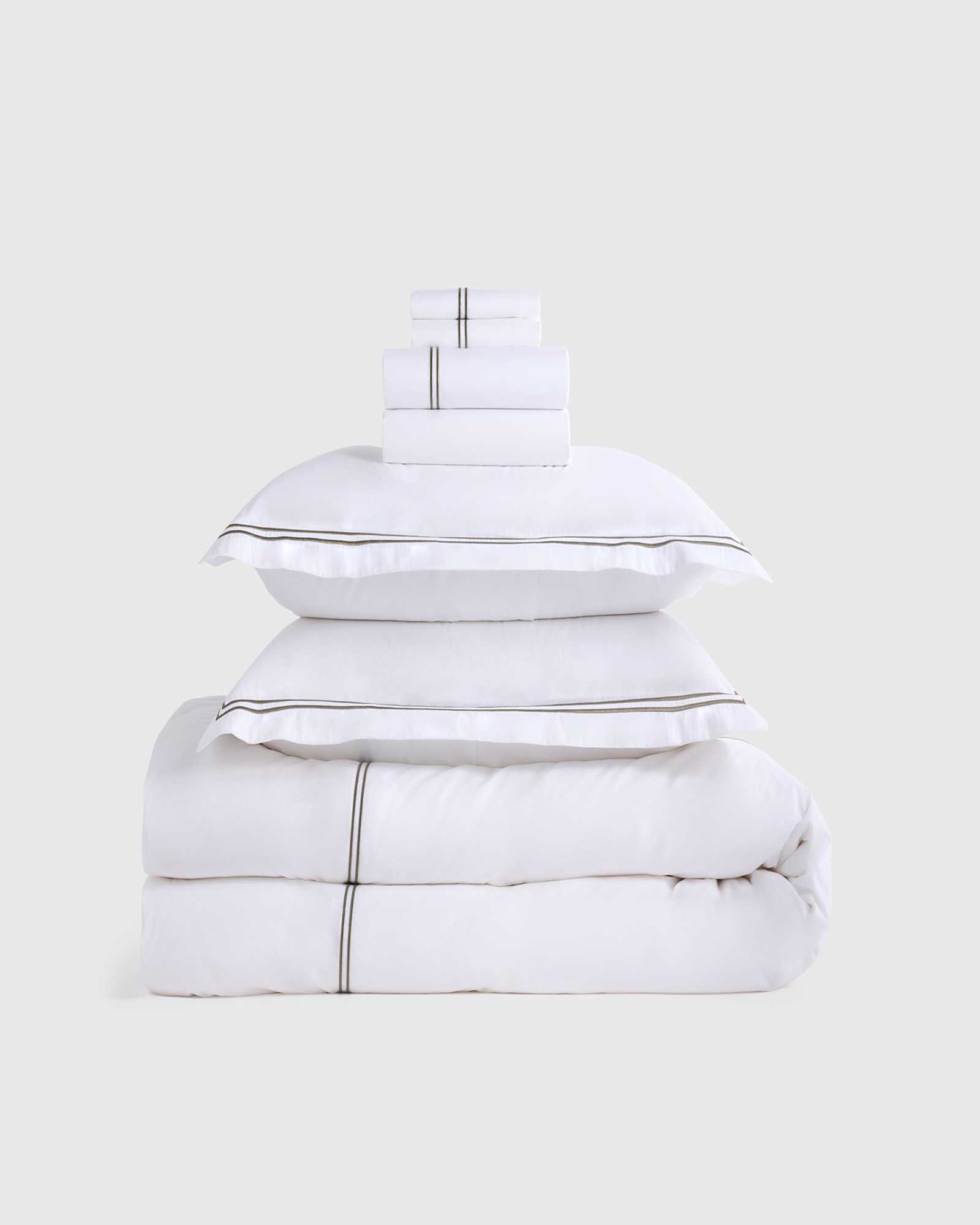 White/Dusty Olive Organic Crisp Percale Embellished Deluxe Bedding Bundle