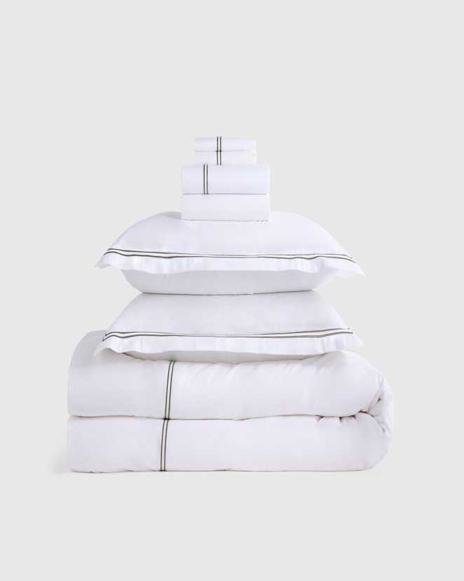 White/Dusty Olive Classic Organic Percale Embellished Deluxe Bedding Bundle