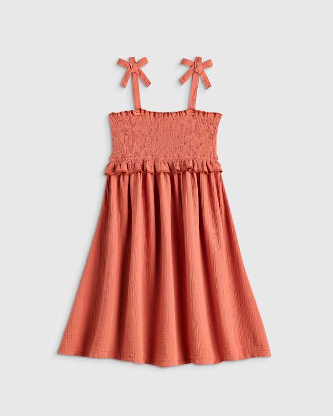 Spiced Orange Girls Sleeveless Smocked Organic Cotton Gauze Dress