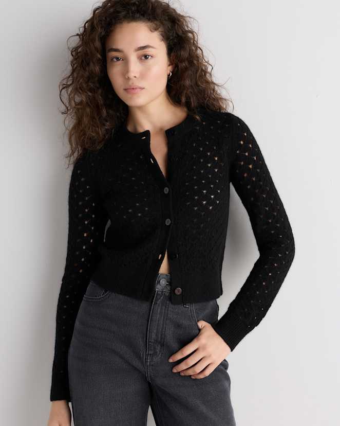 Black 100% Yak Wool Pointelle Detail Cardigan