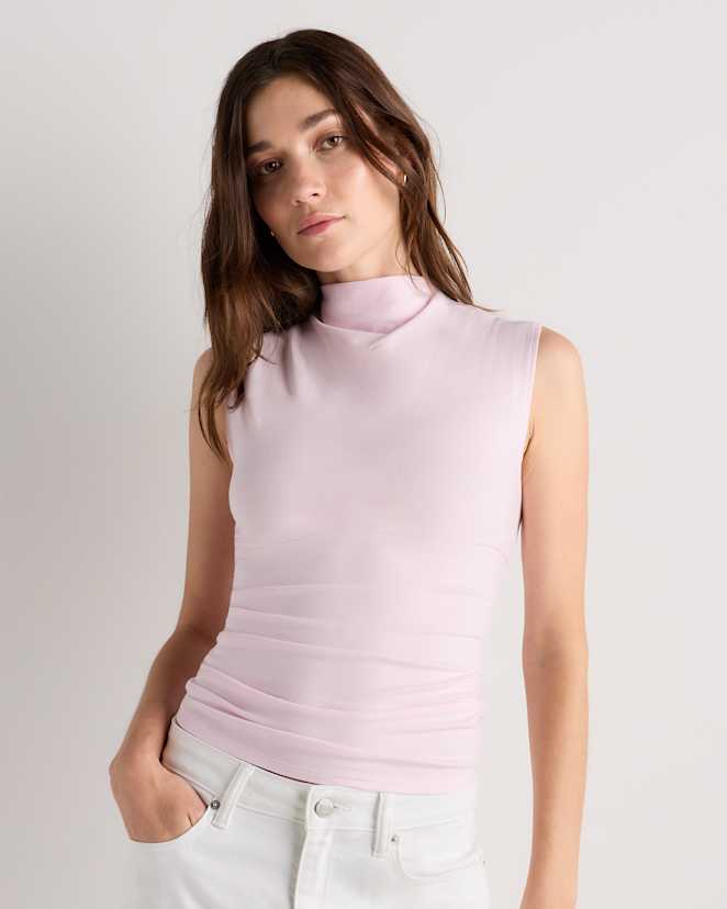 Petal Pink Stretch Cotton Jersey Sleeveless Mock Neck Top