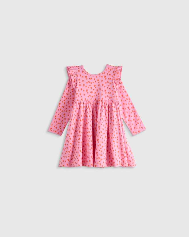 Pink Hearts Bamboo Long Sleeve Flutter Twirl Dress
