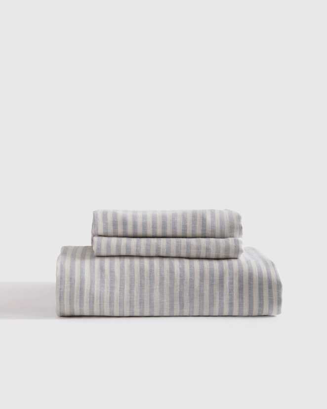 Mist/White Stripe European Linen Fitted Sheet Set