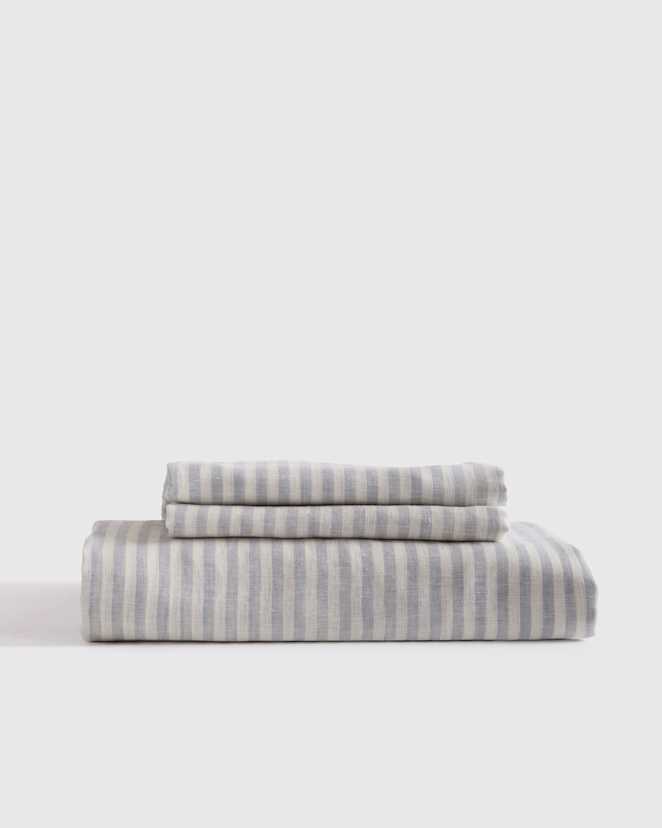 Mist/White Stripe European Linen Stripe Fitted Sheet Set