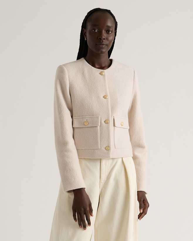 Heather Bone 100% Merino Wool Collarless Cropped Jacket