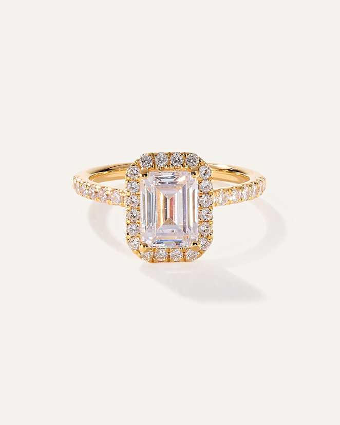 Yellow Gold Lab Grown Diamond Emerald Halo Pave Engagement Ring - 2ct