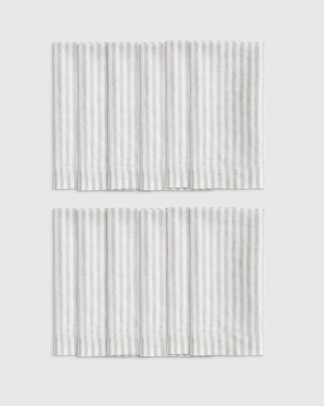 Mist/White Stripe European Linen Wide-Hem Stripe Napkins (Set of 12)