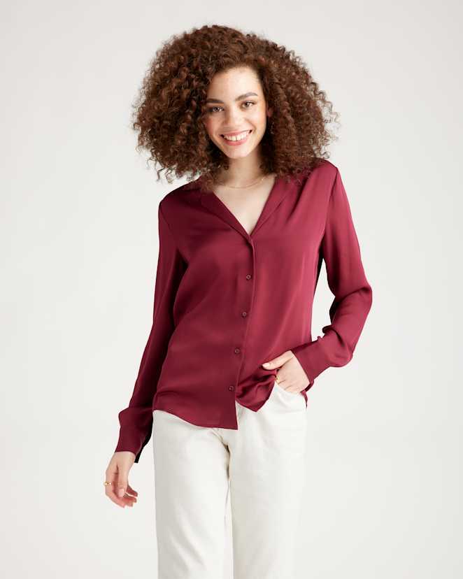 Burgundy Washable Stretch Silk Notch Collar Blouse