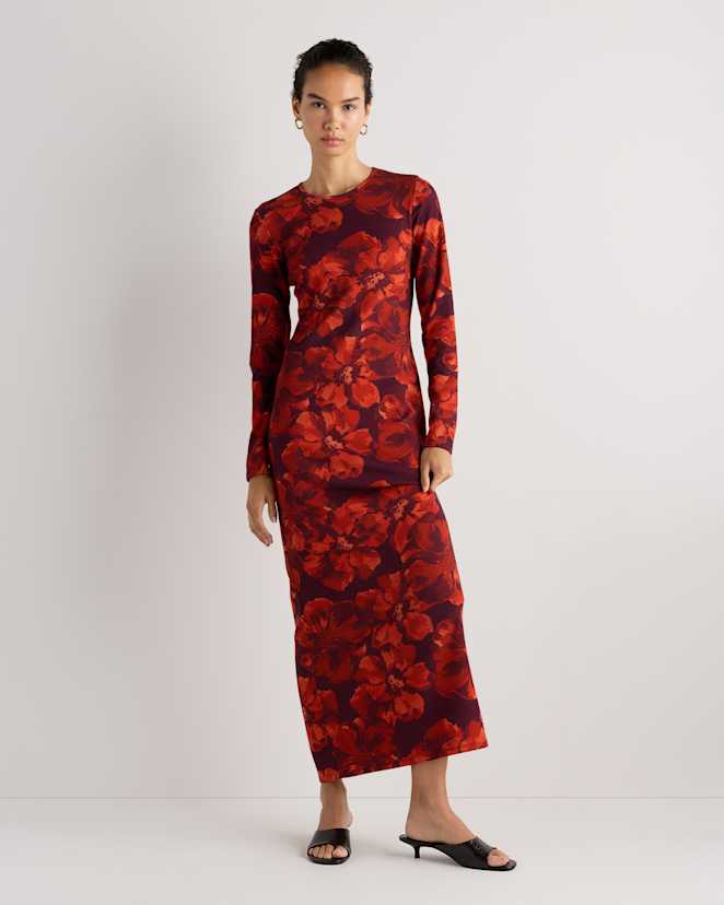 Cordovan Red Hibiscus Long Sleeve Knit Maxi Dress
