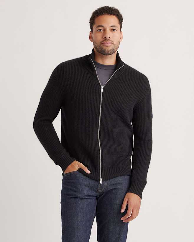 Black Mongolian Cashmere Fisherman Full Zip Sweater