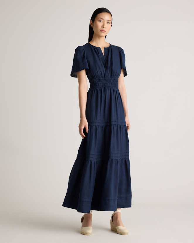Deep Navy 100% European Linen Tiered Maxi Dress