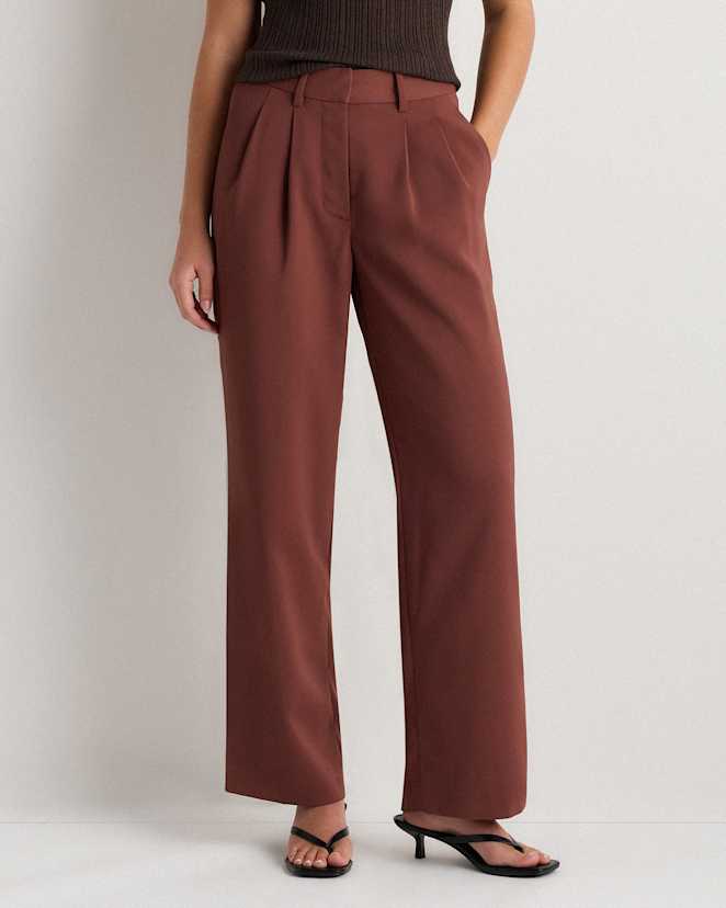 Redwood Brown Stretch Crepe Pleated Wide Leg Pants
