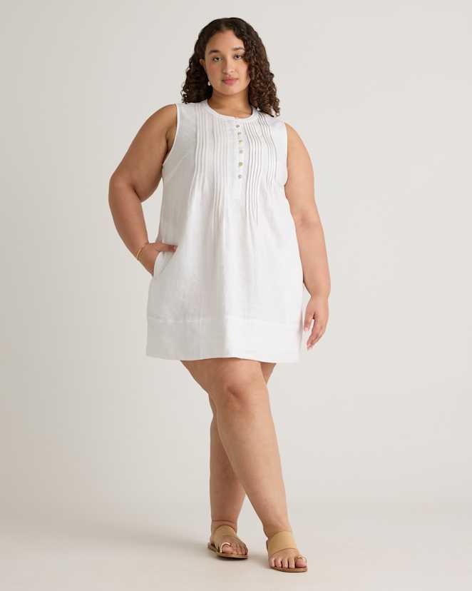 White 100% European Linen Sleeveless Swing Dress