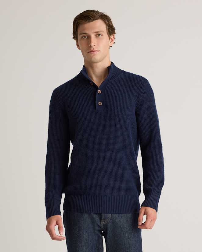 True Navy Mongolian Cashmere Waffle Quarter Button Sweater