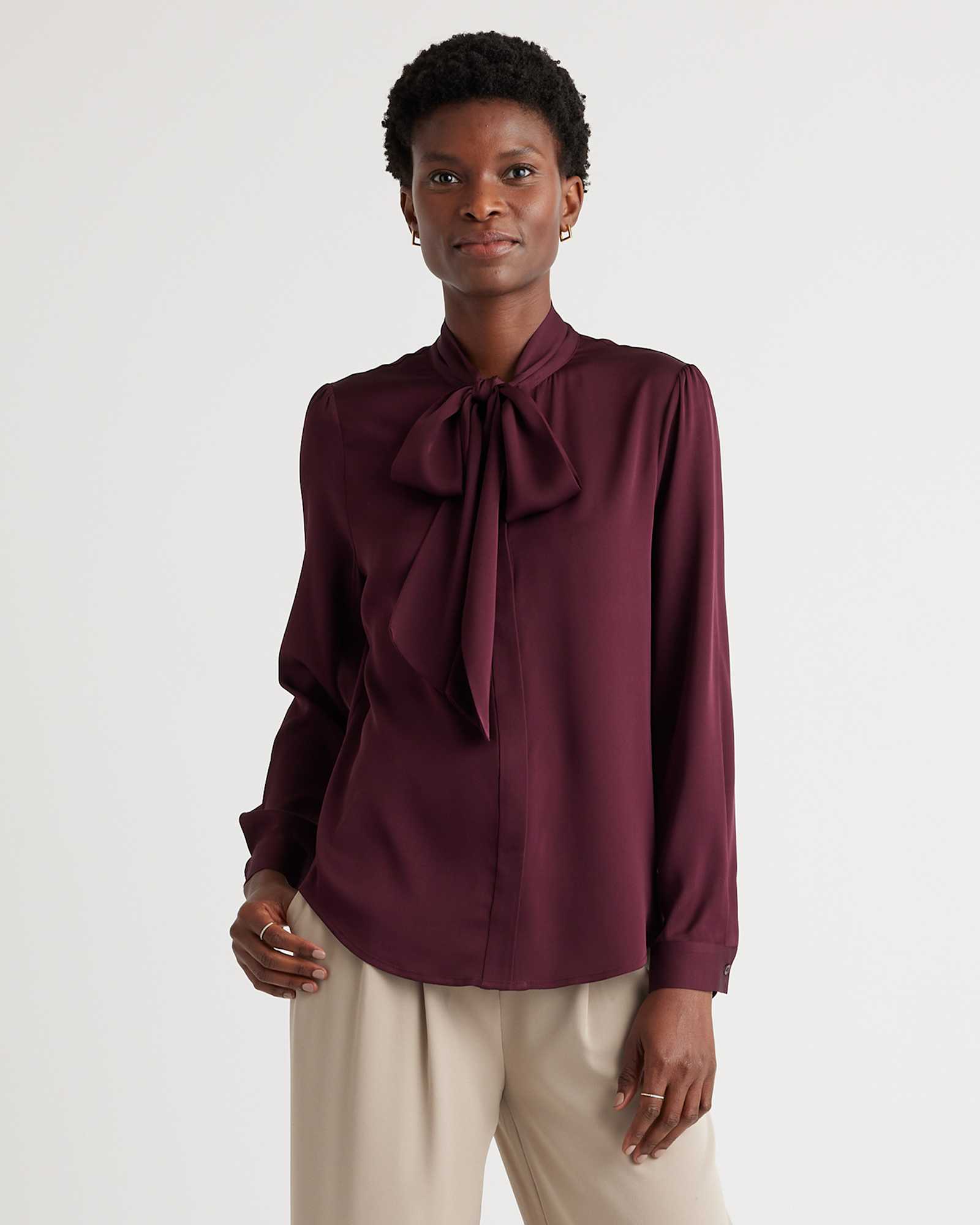 wine-tasting-red Washable Stretch Silk Tie Neck Blouse