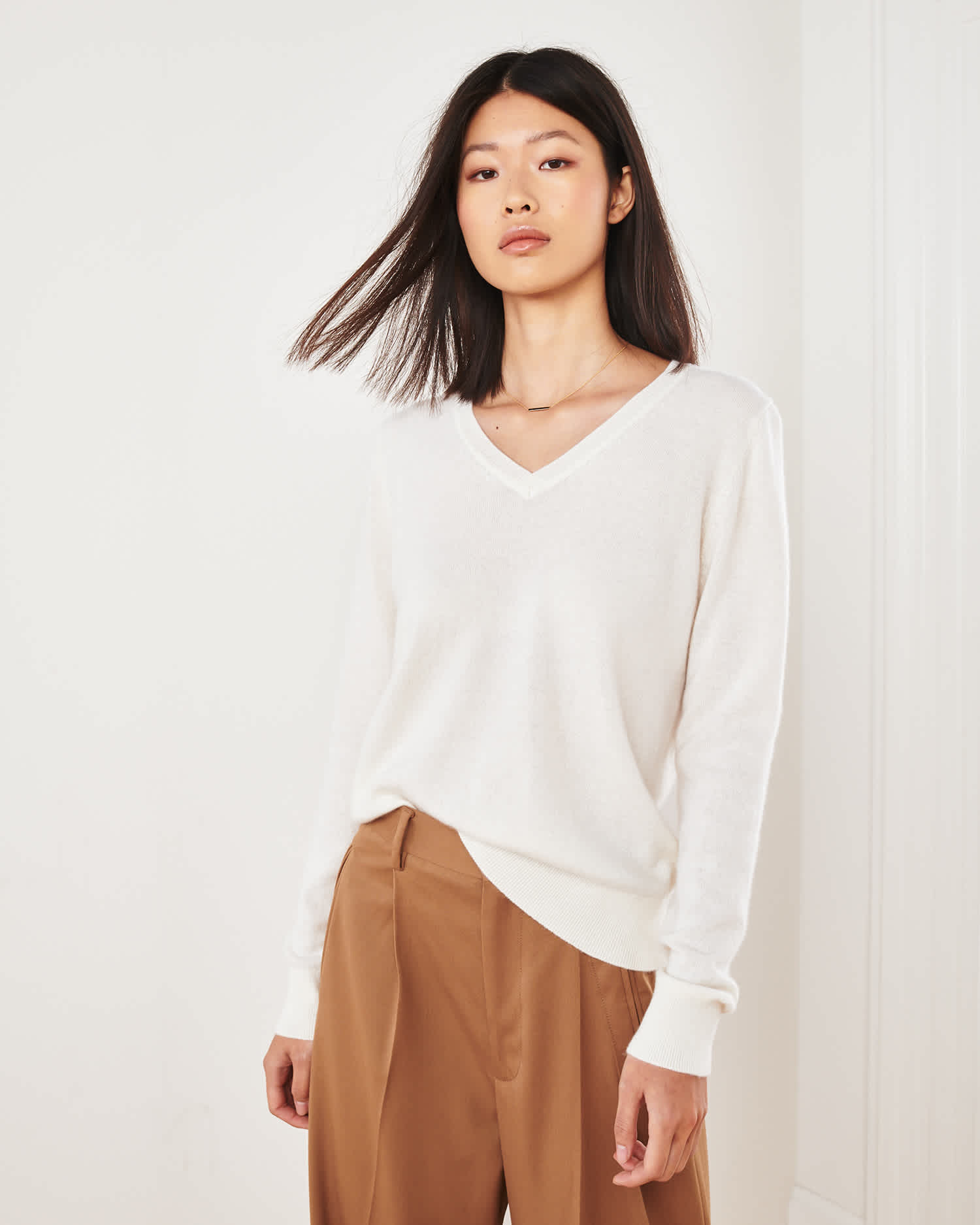 ivory Mongolian Cashmere V-Neck Sweater