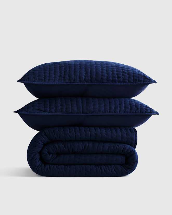 Navy European Linen Cotton Stitch Quilt Set