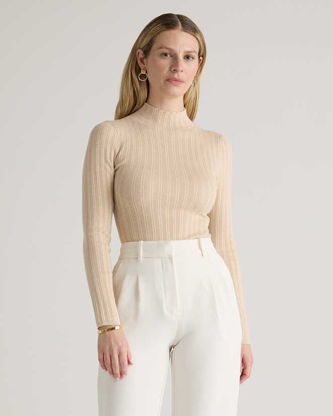 Heather Oatmeal Cotton Cashmere Ribbed Turtleneck Bodysuit